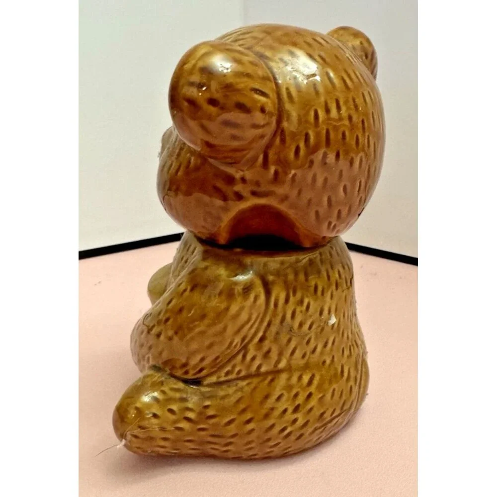 Vintage Ceramic Honey Bear Lidded Jar Brown Teddy Bear Holding Pot 5